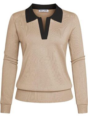 Kate Kasin Women's Apricot Black V Neck Long Sleeve Classic Knitted Polo Sweater